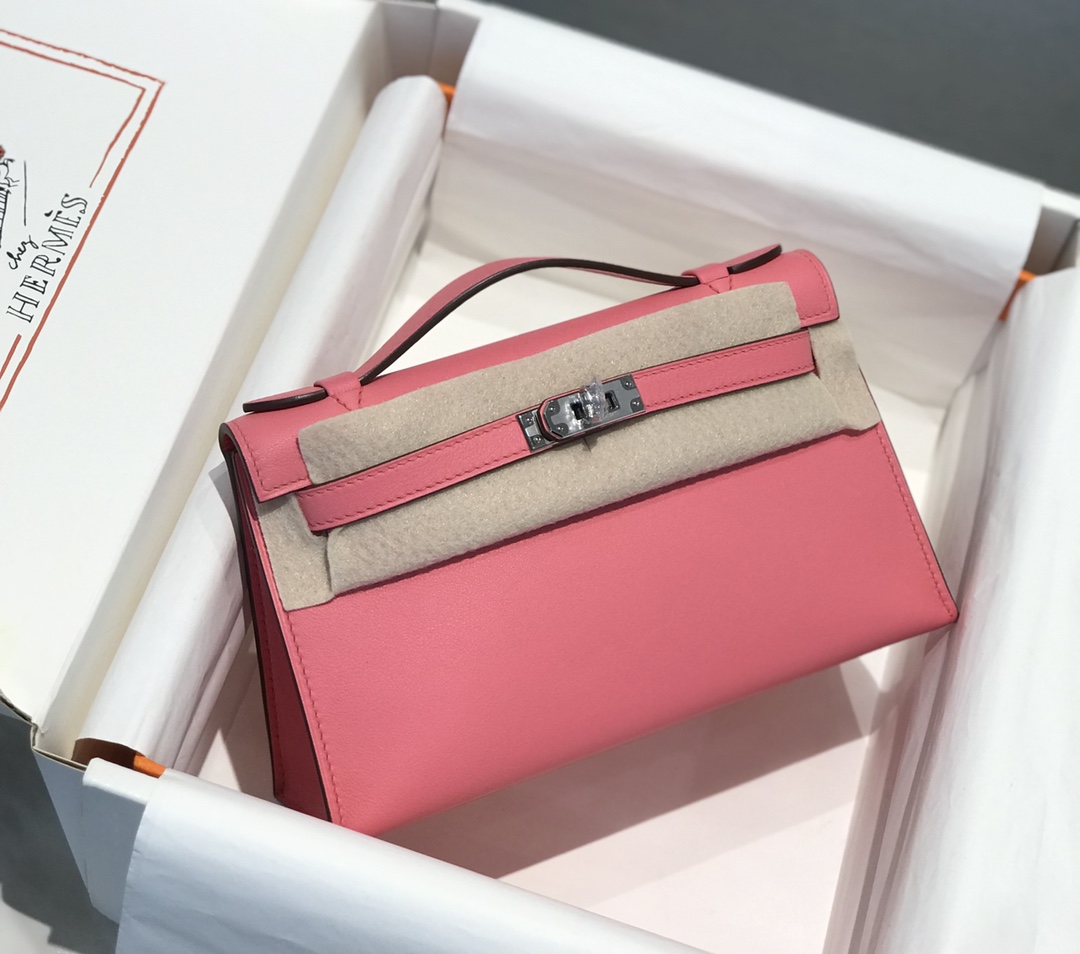 Hermes Mini Kelly Pochette 22cm Bag In Rose Pink Swift Leather